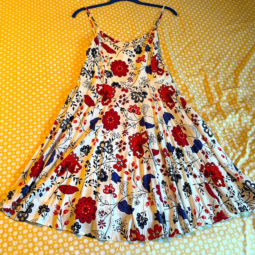 White Floral Mini Dress with Red & Blue Print
